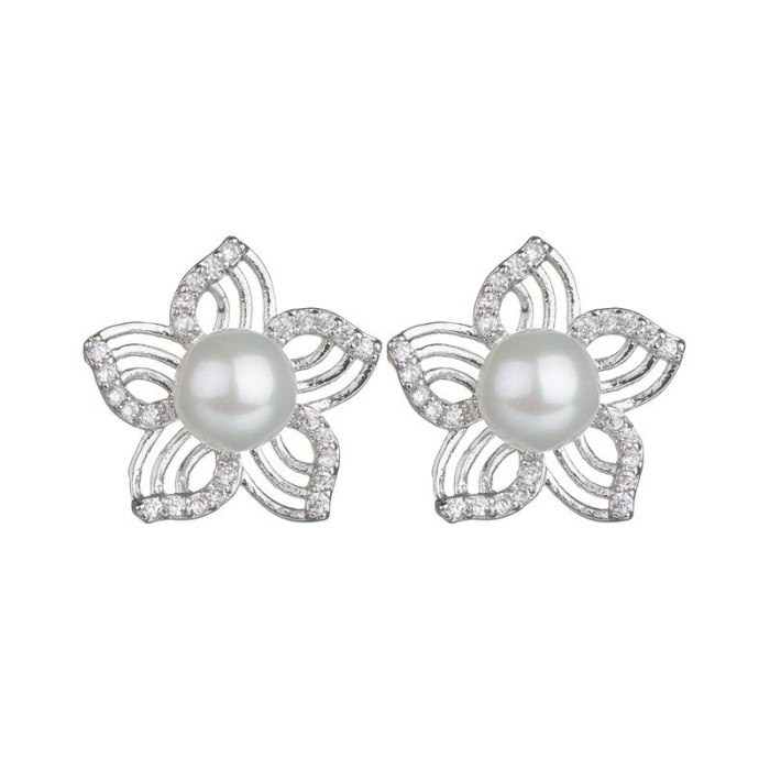 Korean-Style Pearl Stud Earrings Simple Lotus Copper Inlaid Zircon Earrings All-match Earrings Jewelry Qxwe936
