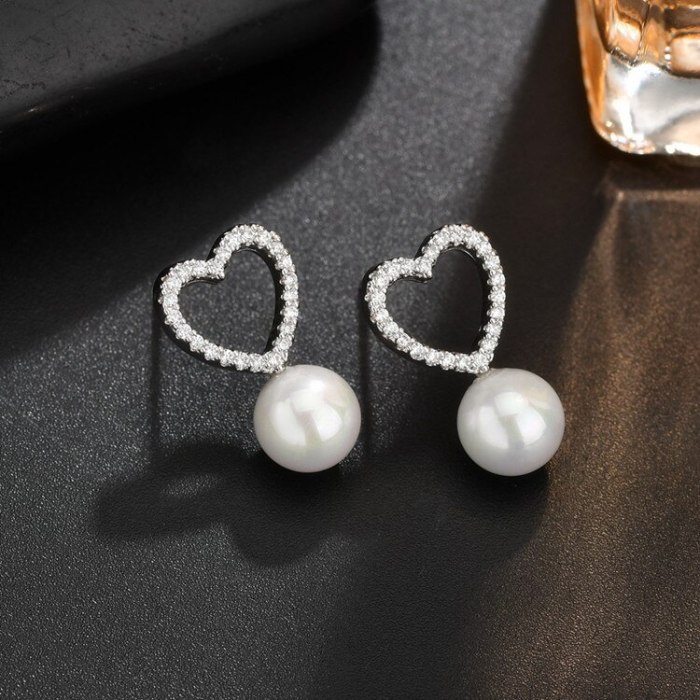 Korean-Style Pearl Stud Earrings AAA Zircon Inlaid Geometric Simple Earrings 925 Sterling Silver Ear Pin Qx1212