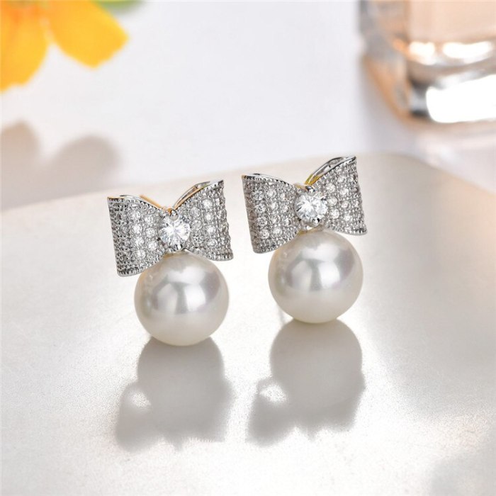 925 Sterling Silver Zircon Stud Earrings Bow Pearl Female Korean-Style Exquisite Earrings Jewelry Qxwe793