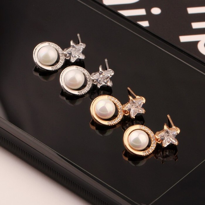 Five-Star Ear Stud Earrings Micro Pave Zircon Pearl Ear Pendant Earrings Korean-Style Women's Copper Jewelry  Qxwe1136