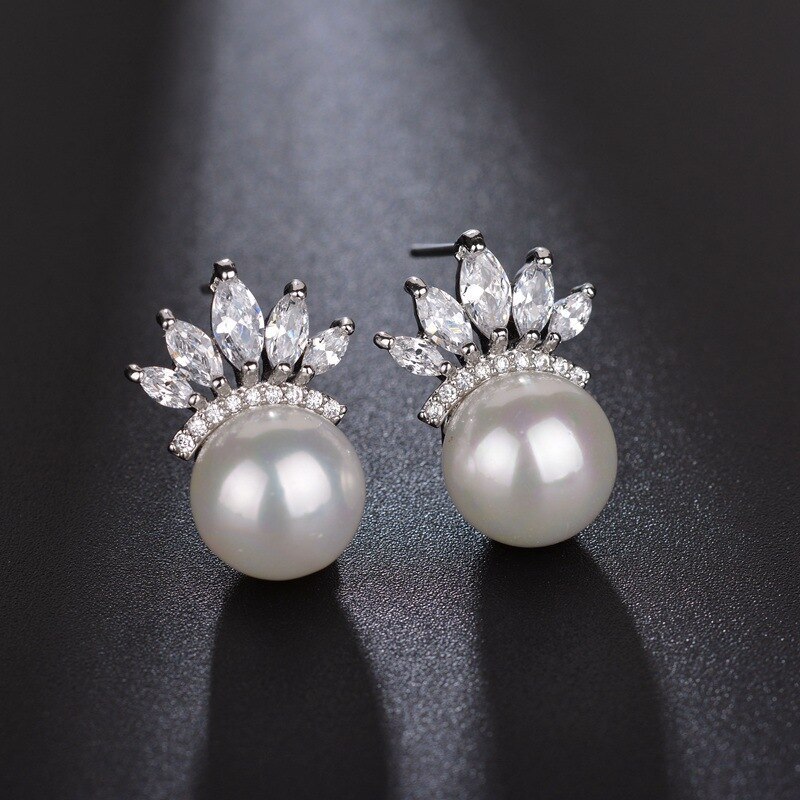 Korean-Style Simple Stud Earrings AAA Zircon Shell Pearls Stud Earrings Pearl Earrings Wholesale Qxwe869