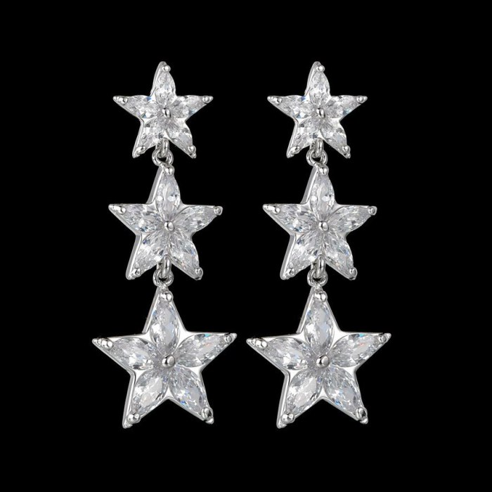 Long Five-Star Earrings AAA Zircon Inlaid Ear Stud 925 Sterling Silver Ear Pin Fashion Korean-Style Earrings Qxwe1409