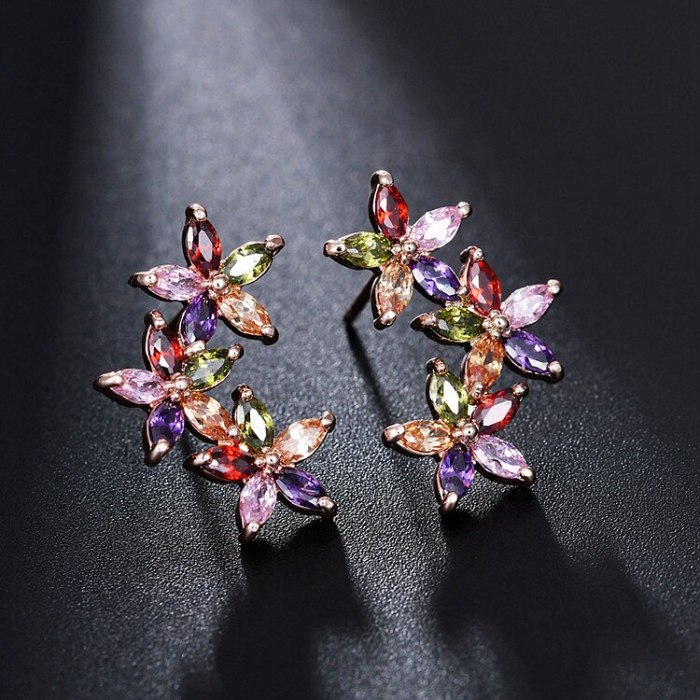 Three Floral Stud Earrings Copper Inlaid AAA Zircon Earrings Korean-Style Earrings Jewelry Qxwe646