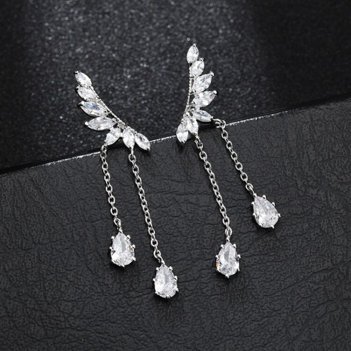 Wing Tassel Long Stud Earrings 925 Sterling Silver Pin Copper Inlaid AAA Zircon Earrings Korean Style Earrings Qxwe1132
