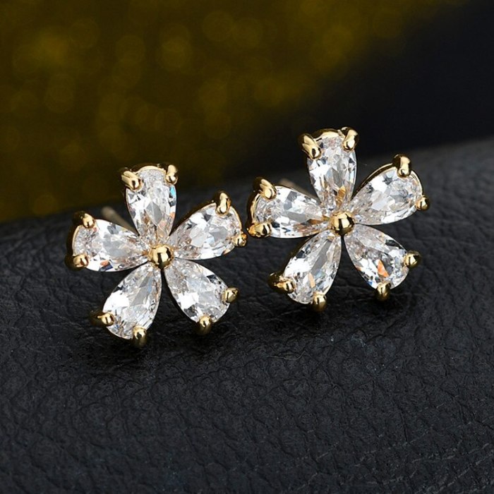 Korean Fashion Copper Inlaid Colorful AAA Zircon Stud Earrings Simple Flower Sterling Silver Pin Female Earrings Qxwe752