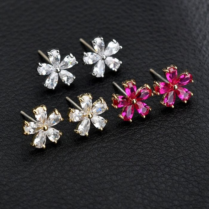 Korean Fashion Copper Inlaid Colorful AAA Zircon Stud Earrings Simple Flower Sterling Silver Pin Female Earrings Qxwe752
