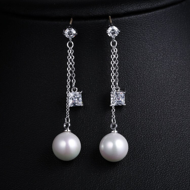 Korean Style S92 Silver Needle Pearl Earrings Long AAA Square Zircon Ear Pendant Stud Earrings Cool Girl Qxwe251814
