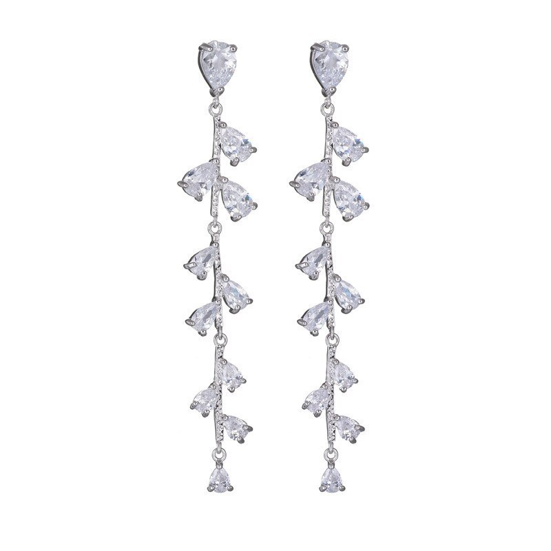 Korean-Style Tassel Zircon Earrings S925 Silver Needle Not Allergic Classic Fashion Leaves Ear Stud Earrings Wholesale Qxwe967