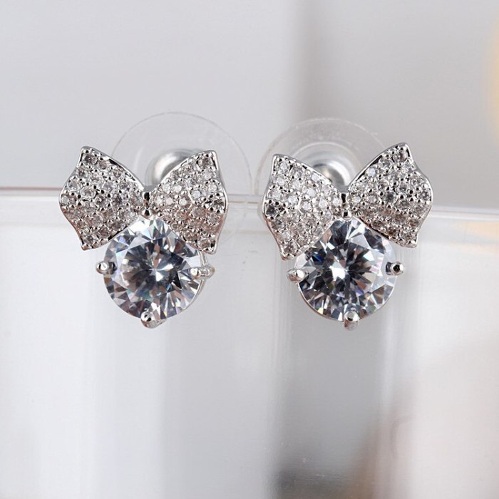 Korean Bow Zircon Earrings All-match Micro Pave Earrings Sterling Silver Stud Earrings Qxwe712