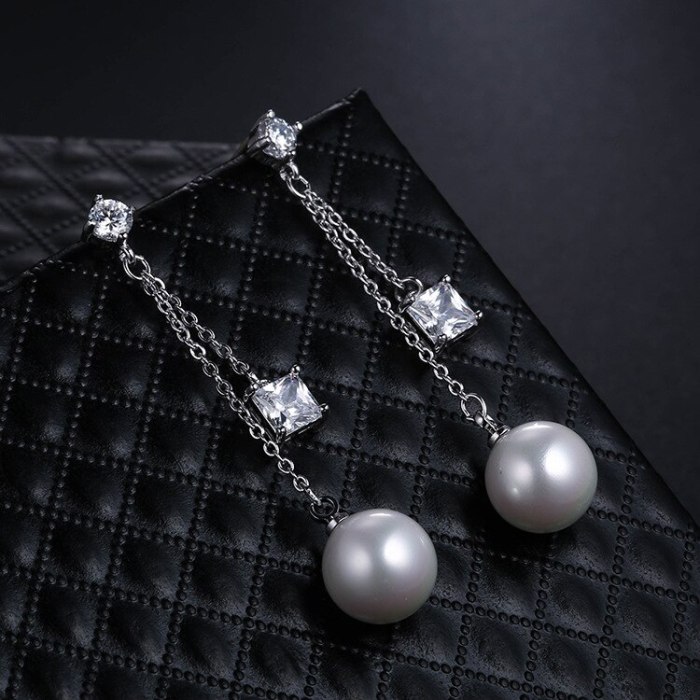 Korean Style S92 Silver Needle Pearl Earrings Long AAA Square Zircon Ear Pendant Stud Earrings Cool Girl Qxwe251814