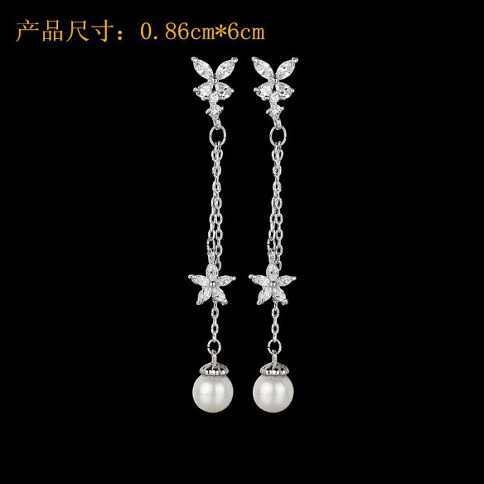 Butterfly Long Earrings Simple Pearl Zircon Ear Pendant S925 Sterling Silver Needle Tassel jewelry Flower Qxwe1144