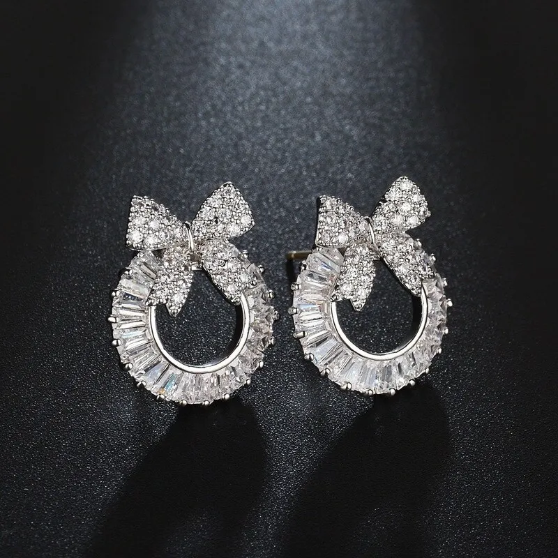 Bow Stud Earrings Copper Micro Pave AAA Zircon Sterling Silver Needle Ear Stud Earrings Gorgeous Female Earrings Qxwe1001