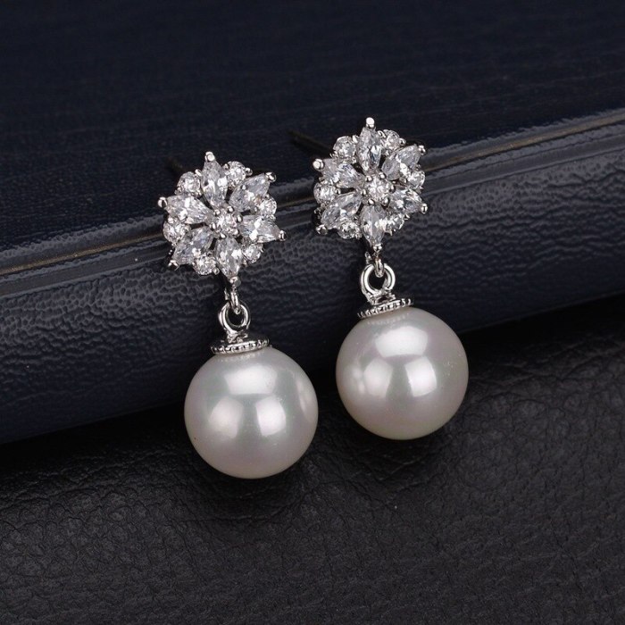 Korean-Style Simple Snowflake Pearl Earrings AAA Zircon Inlaid Ear Stud Ear Pendant Fashion Earrings Accessories Qxwe586