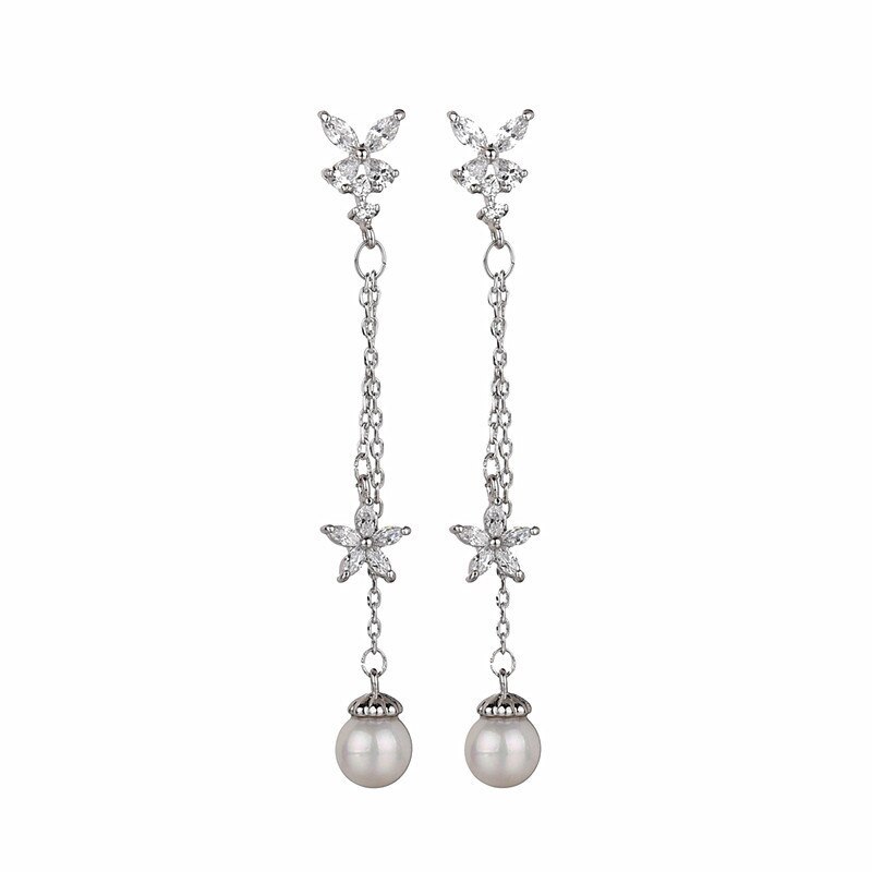 Butterfly Long Earrings Simple Pearl Zircon Ear Pendant S925 Sterling Silver Needle Tassel jewelry Flower Qxwe1144