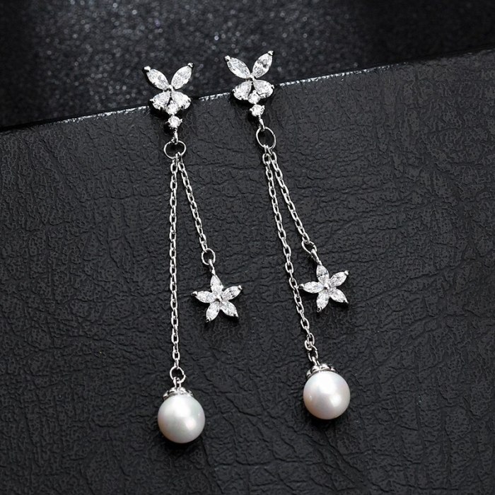 Butterfly Long Earrings Simple Pearl Zircon Ear Pendant S925 Sterling Silver Needle Tassel jewelry Flower Qxwe1144