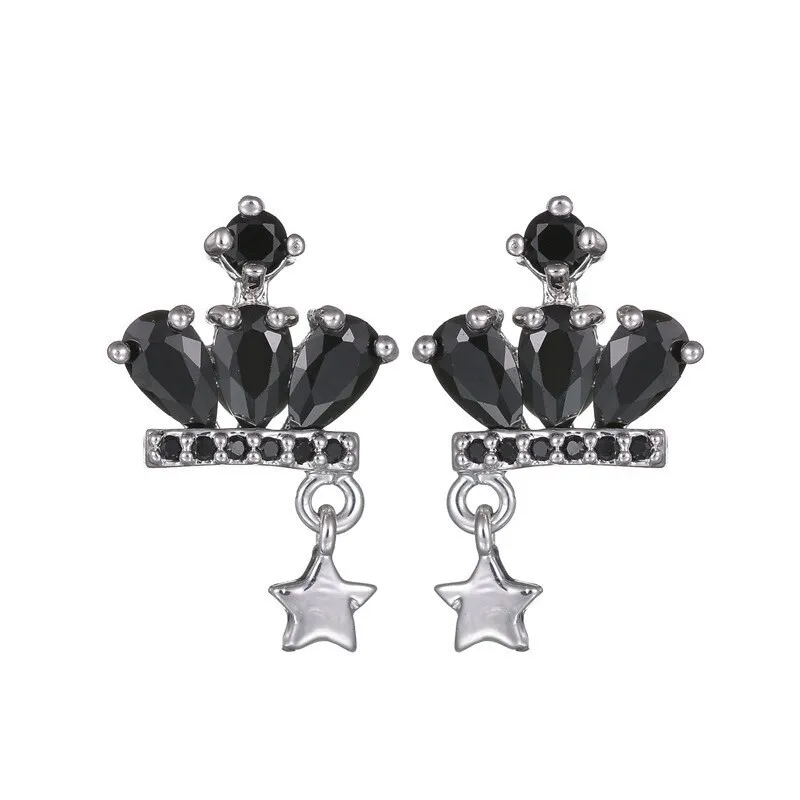 Crown Star Stud Earrings S925 Sterling Silver Pin Inlaid Black Zircon Korean Fashion Earrings Girl Jewelry Qxwe942