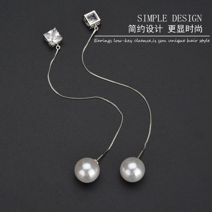 Korean Elegant Long Hanging Earrings S925 Silver Pin Square Zircon Pearl Ear Pendant Female Earrings Stud Earrings Qxwe1007