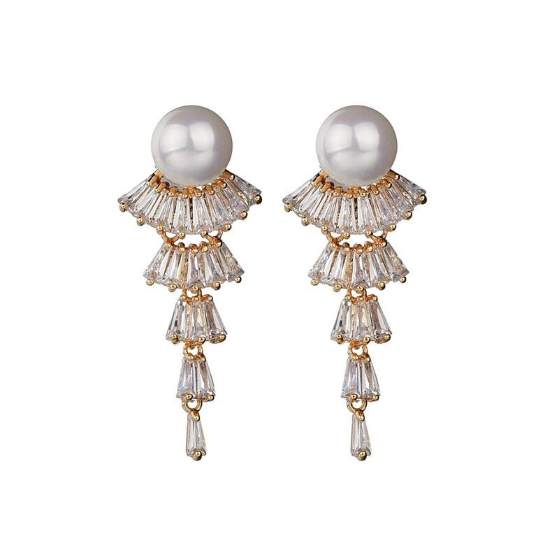 Fashion Korean-Style Long Pearl Earrings Zircon Earrings Tassel Female Ear Pendant Ear Stud Wholesale Qxwe980