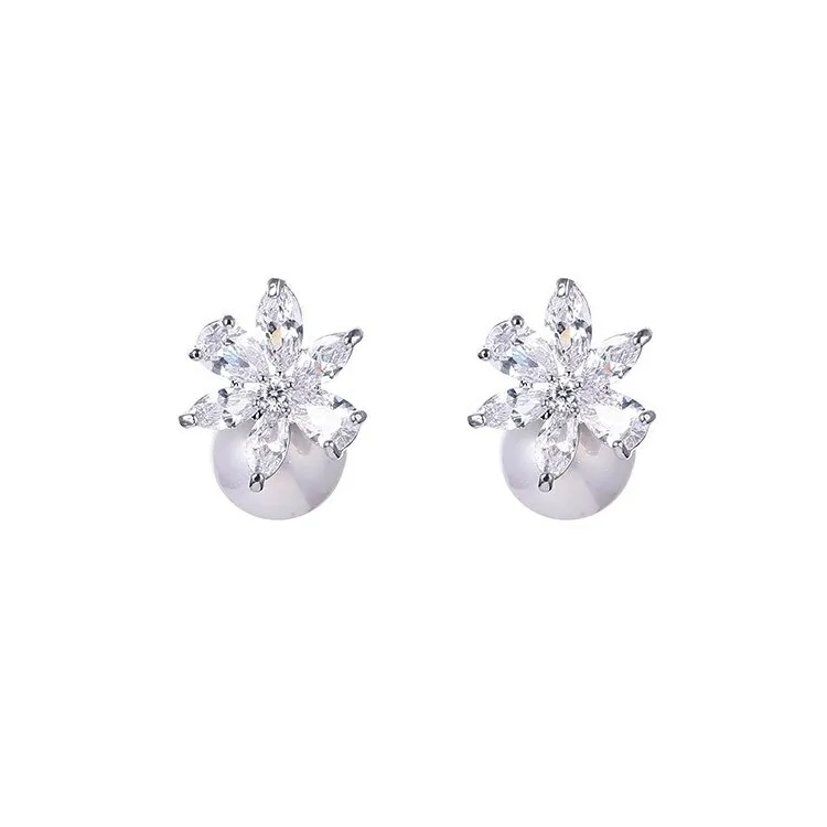AAA Zircon Pearl Copper Inlaid Stud Earrings Leaves Earrings Sterling Silver Ear Pin Sweet Stud Earrings Qxwe1363