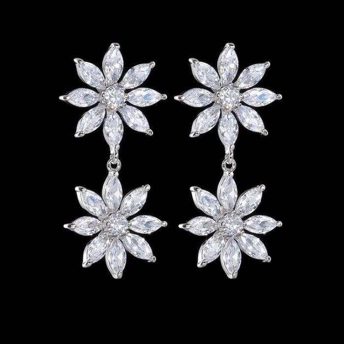 Korean-Style Creative New Flower Earrings AAA Zircon Inlaid Fashion Ear Pendant S925 Sterling Silver Pin Qxwe1424