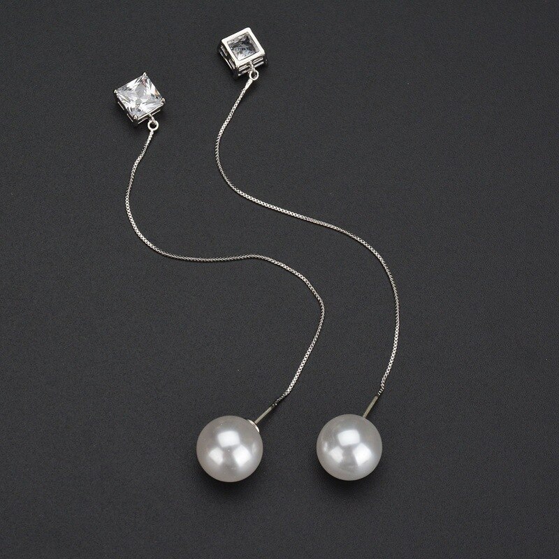 Korean Elegant Long Hanging Earrings S925 Silver Pin Square Zircon Pearl Ear Pendant Female Earrings Stud Earrings Qxwe1007