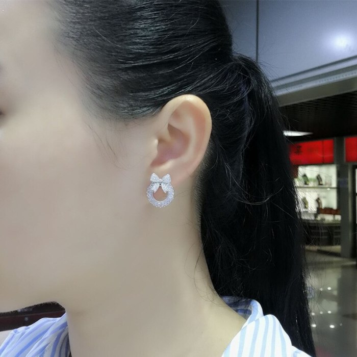 Bow Stud Earrings Copper Micro Pave AAA Zircon Sterling Silver Needle Ear Stud Earrings Gorgeous Female Earrings Qxwe1001