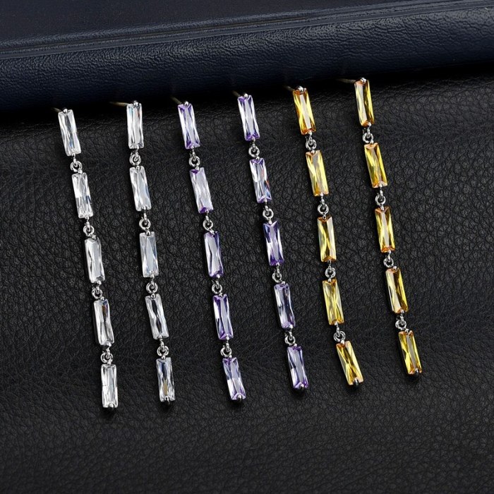 Korean Style S925 Sterling Silver Needle Stud Earrings Rectangular AAA Zircon Earrings Tassel Earrings Qxwe887