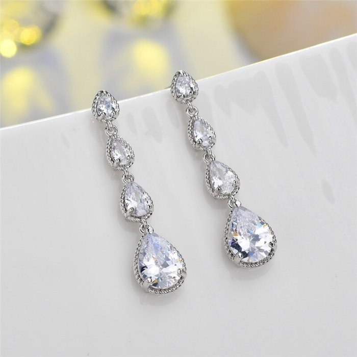 Silver Needle Drop AAA Zircon Crystal Inlaid Luxury Earrings Long Fashion Women's Dinner Stud Earrings Qxwe1274