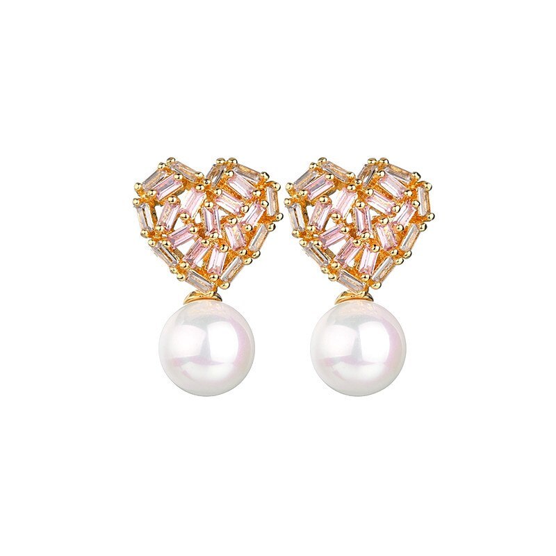 Korean-Style Peach Heart Pearl Stud Earrings Pink White Zircon Inlaid Female Cool 925 Sterling Silver Needle Earrings Qxwe1252