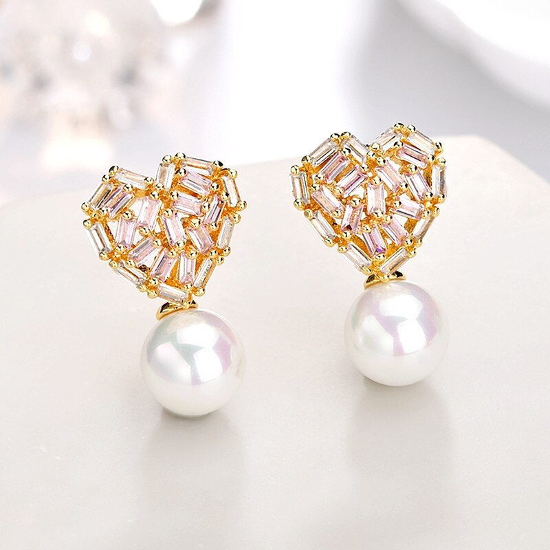 Korean-Style Peach Heart Pearl Stud Earrings Pink White Zircon Inlaid Female Cool 925 Sterling Silver Needle Earrings Qxwe1252