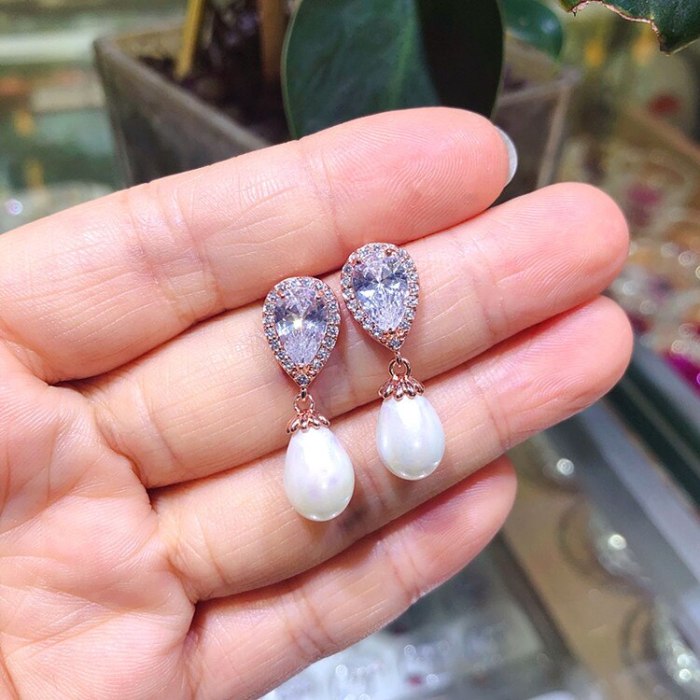 AAA Zircon Earrings Korean-Style Drop Pearl Stud Earrings Female Earrings Jewelry Qxwe1250