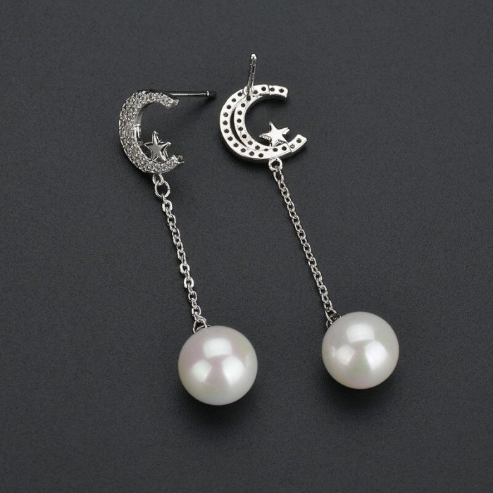 Korean Style Long Tassel Pearl Earrings Star Moon AAA Zircon Inlaid Stud Earrings Ear Pendant Qxwe938
