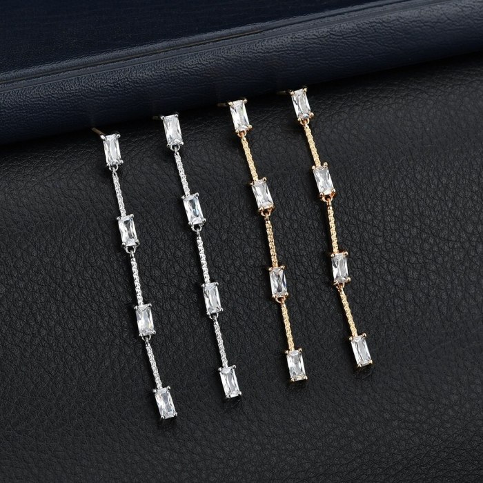 Korean Fashion Zircon Long Tassel Earrings Geometric Inlaid Earrings S925 Sterling Silver Stud Earrings Qxwe1295