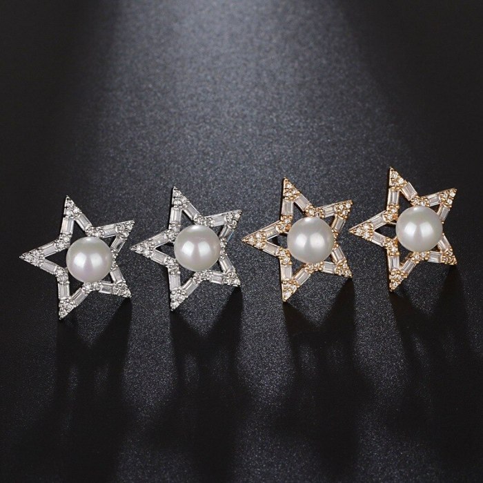 Big Star Pearl Stud Earrings Shiny AAA Zircon Earrings Korean Fashion Cool Earrings Jewelry Qxwe935