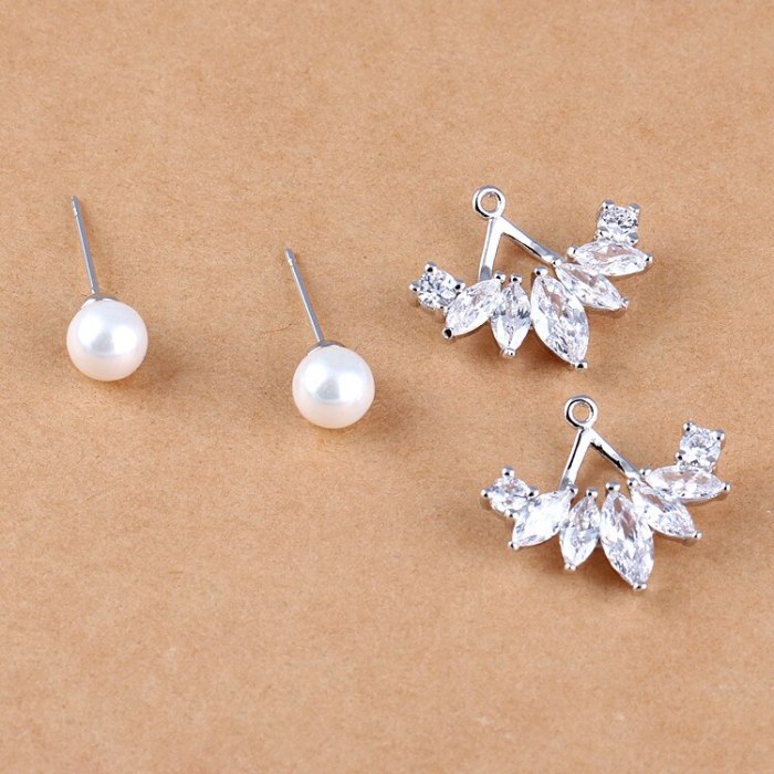 Creative Zircon Pearl Stud Earrings 925 Sterling Silver Pin Back Hanging Two Korean-Style Pearl Earrings Qxwe718