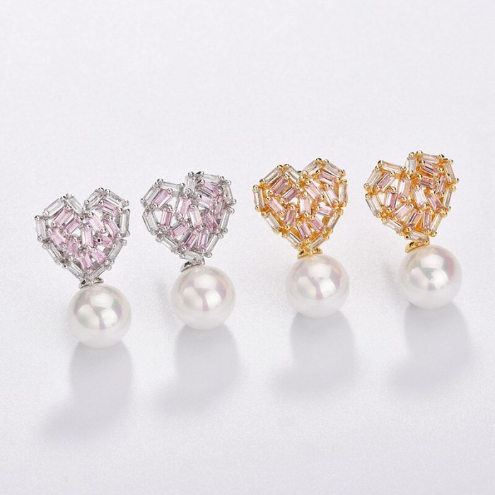 Korean-Style Peach Heart Pearl Stud Earrings Pink White Zircon Inlaid Female Cool 925 Sterling Silver Needle Earrings Qxwe1252