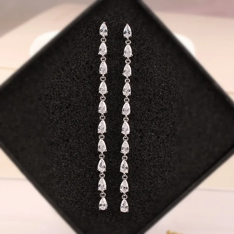 Korean Style AAA Drop-Shaped Zircon Earrings 925 Sterling Silver Needle Ear Stud Tassel Jewelry Earrings Qxwe987