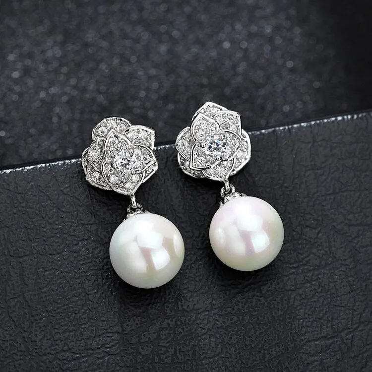 Rose Sterling Silver Stud Earrings Copper Inlaid AAA Zircon Pearl Earrings Korean-Style Gold-Plated Earrings Qxwe861