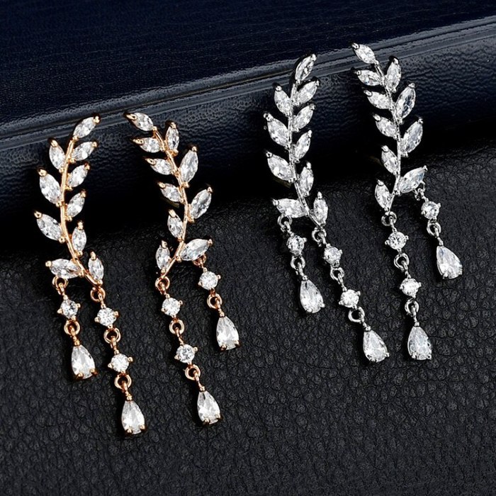 AAA Zircon Earrings 925 Silver Pin Jewelry Leaves Ear Stud Drop Ear Pendant Earrings Qxwe691