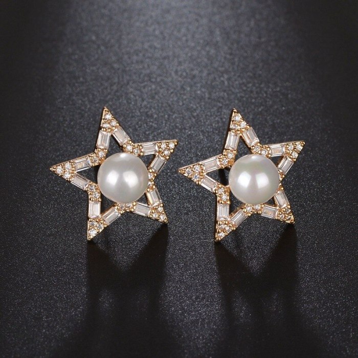 Big Star Pearl Stud Earrings Shiny AAA Zircon Earrings Korean Fashion Cool Earrings Jewelry Qxwe935