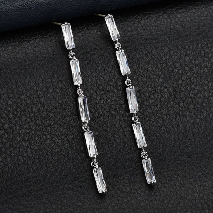 Korean Style S925 Sterling Silver Needle Stud Earrings Rectangular AAA Zircon Earrings Tassel Earrings Qxwe887