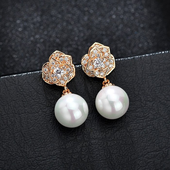 Rose Sterling Silver Stud Earrings Copper Inlaid AAA Zircon Pearl Earrings Korean-Style Gold-Plated Earrings Qxwe861