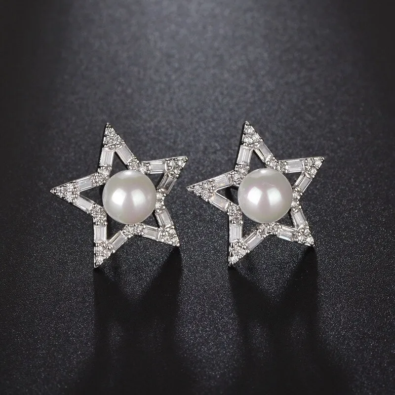 Big Star Pearl Stud Earrings Shiny AAA Zircon Earrings Korean Fashion Cool Earrings Jewelry Qxwe935