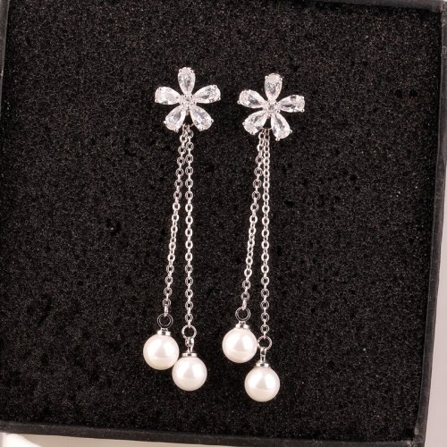 Five Petals Sterling Silver Ear Pin Korean Elegant Female Long Cool All-match Pearl Earrings Ear Pendant Qxwe672