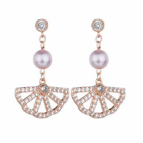 European Fashion Elegant Fan-Shaped Pearl Stud Earrings Female 925 Sterling Silver Needle Inlaid Zircon Earrings  Qxwe1270