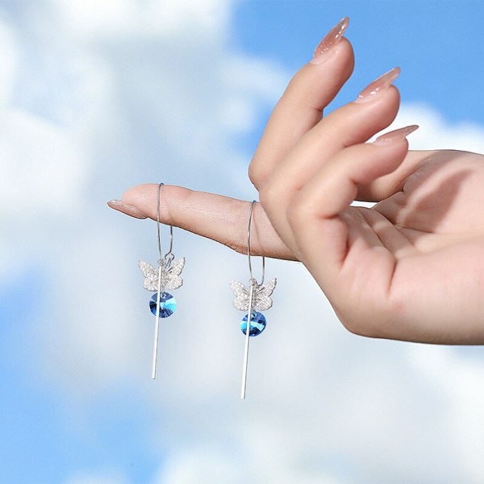 S925 Sterling Silver Diamond Set Blue Crystal Butterfly Earrings Female Korean Simple Stud Earrings  Mle1870