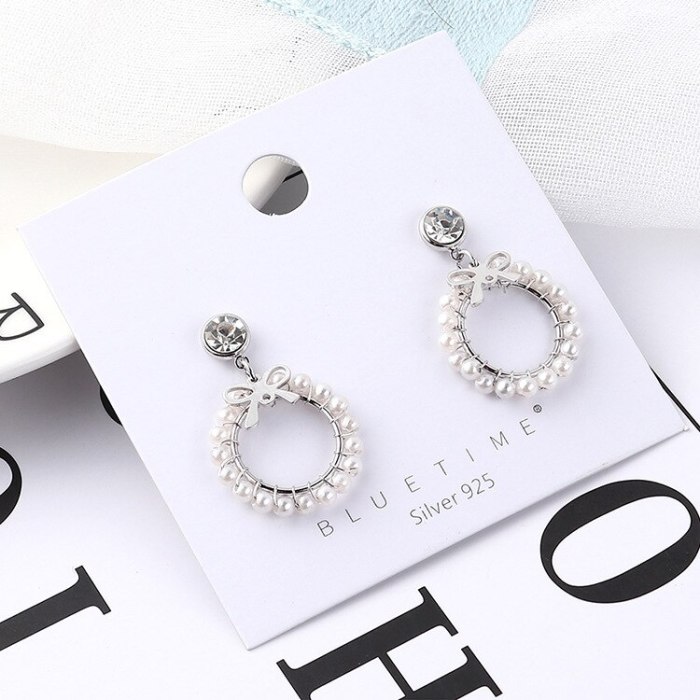 New Korean Style Simple Cute Bow Pearl Earrings Female Hipster Zircon Stud Earrings S925 Sterling Silver Pin 138933