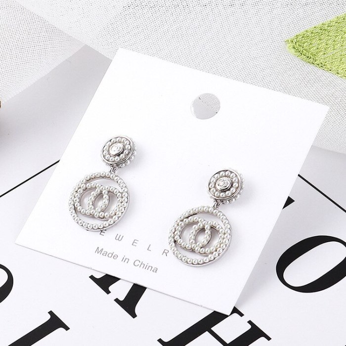 New Korean-Style Creative Pearl Earrings Female 925 Silver Needle Double C Stud Earrings Cool Earrings Pendant 138721