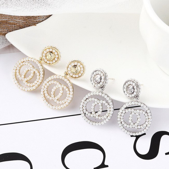 New Korean-Style Creative Pearl Earrings Female 925 Silver Needle Double C Stud Earrings Cool Earrings Pendant 138721
