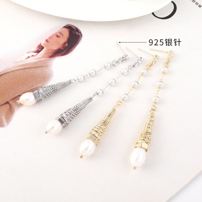 S925 Silver Pin Earrings European Retro Fashion Simple Pearl Earrings Women's Long Tassel Earrings 140324